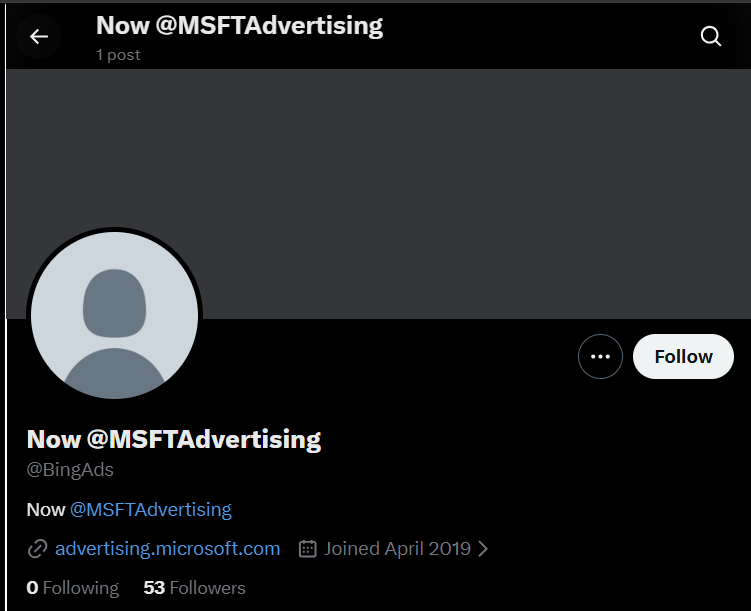 Compte BingAds redirigeant vers le compte officiel MSFTAdvertising.